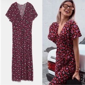 Zara Black Maxi Dress with Red Floral Print